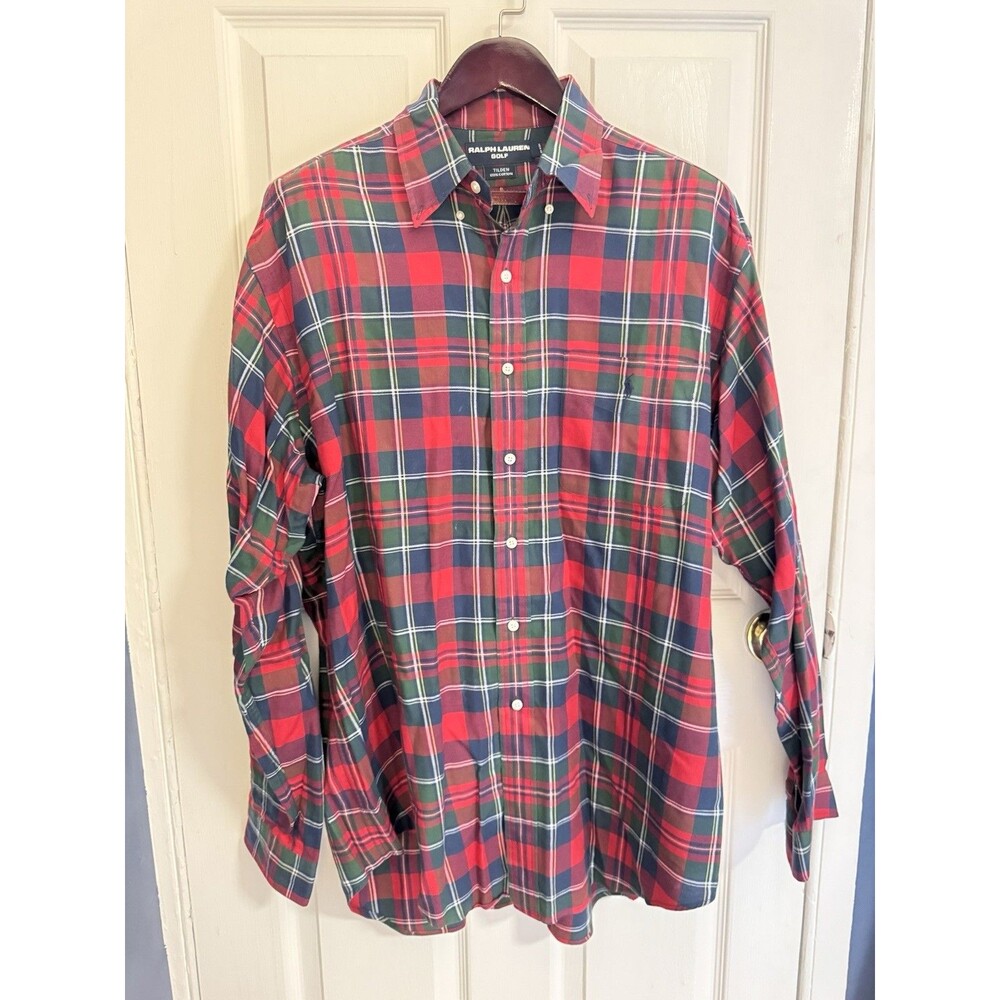 Ralph Lauren Golf  Vintage Flannel Plaid Long Sleeve Short Red And Green, Size L